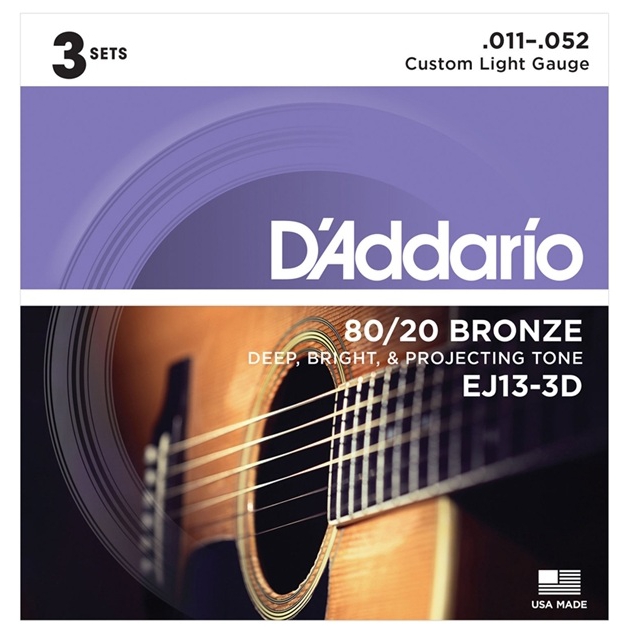 D'Addario EJ-13 3D 80/20 Custom Light Bronze 3'lü Paket Akustik Gitar Teli (.011-.052)